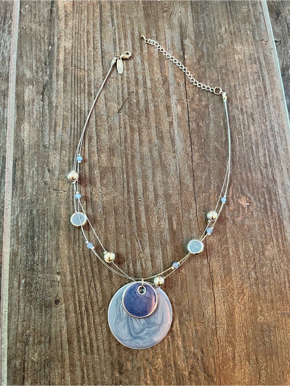 Silver-Tone Blue Marble Double Disc Necklace